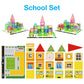 PicassoTiles 3-in-1 Theme Set School Hospital Police Station Magnet Self Adhesive Backing Stick-On Sheet Combo w/Car Magnet Building Block Playset