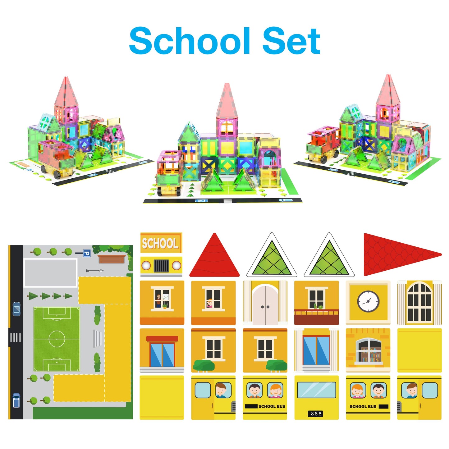PicassoTiles 3-in-1 Theme Set School Hospital Police Station Magnet Self Adhesive Backing Stick-On Sheet Combo w/Car Magnet Building Block Playset