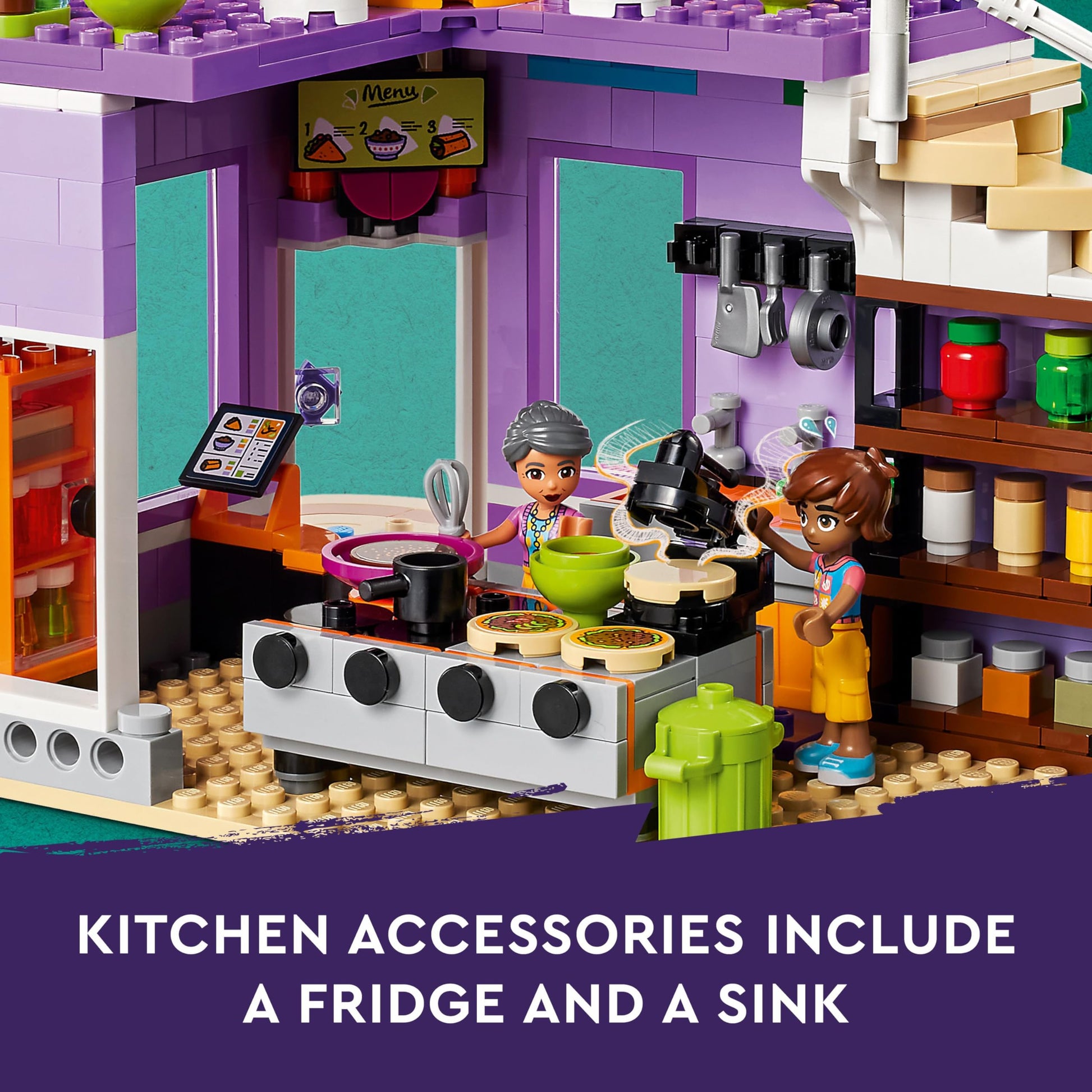 LEGO Friends Heartlake City Community Kitchen 41747 Pretend Building Toy Set, Creative Fun for Boys and Girls Ages 8+, with 3 Mini-Dolls, 1