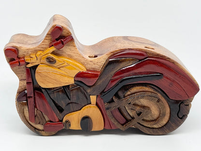 The Handcrafted Motorcycle Wooden Puzzle Box - Hand Carved Wood Trinket Box - All Natural Intarsia Wood Art