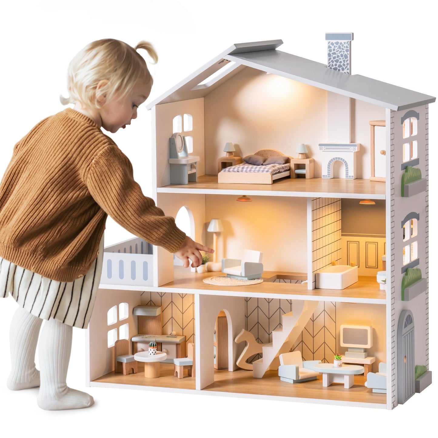 ROBUD Doll House, Wooden Dollhouse with 6 Rooms, 29-pcs Realistic Accessories, Dollhouse Playset for 4-6 Inch Dolls, Gifts for Kids & Toddlers, Nordic