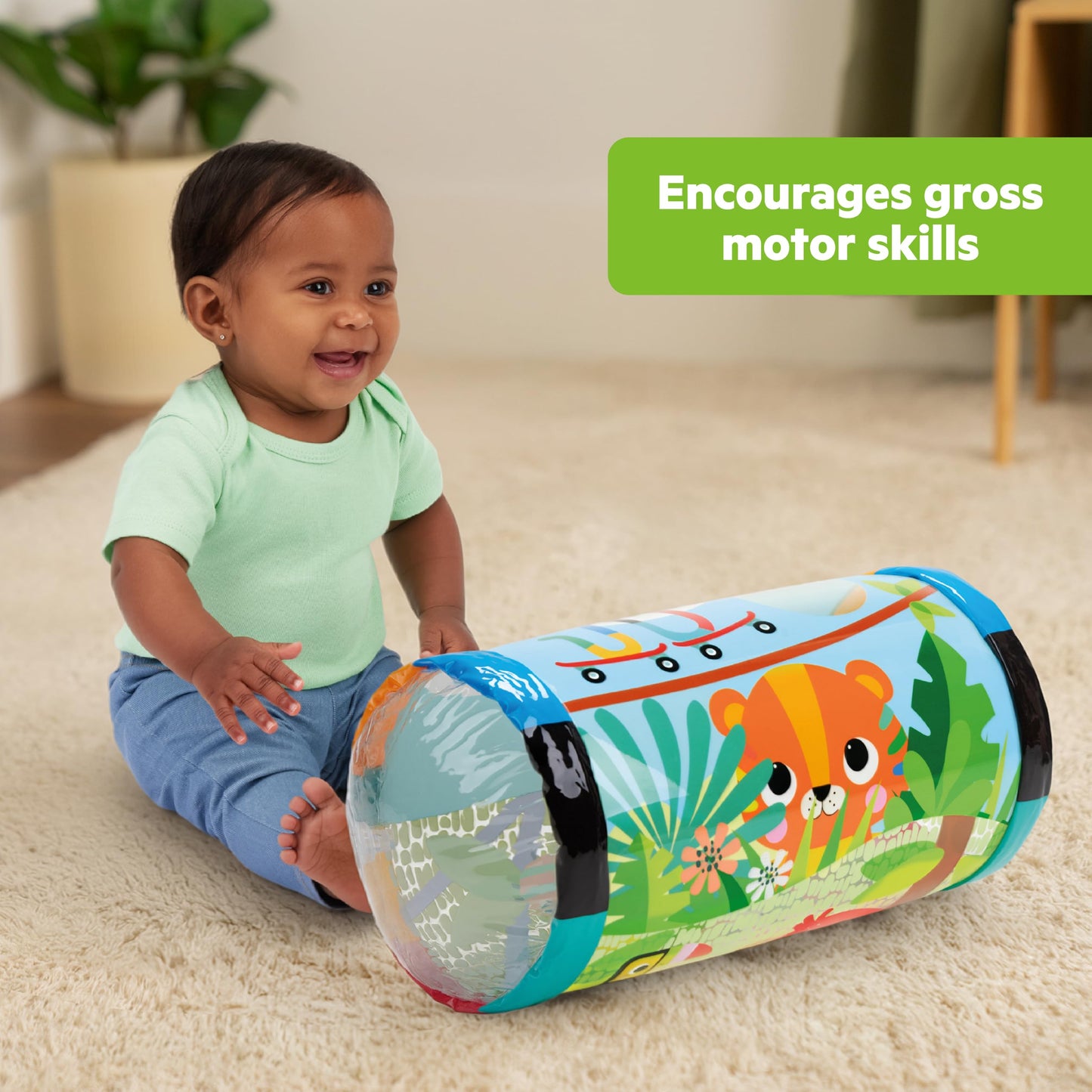 Bright Starts Roll-Along Rainforest Baby Toy, Push & Crawl Activity Toy with Rattle Balls, Portable Travel Roller Toy for Infants & Toddlers, Unisex