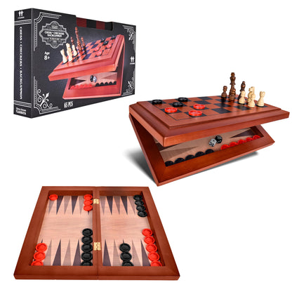 Elbow Room Games 3-in-1 Chess, Checkers & Backgammon Board Game Set - Portable, Folding Classic Strategy Games for Family Fun & Travel