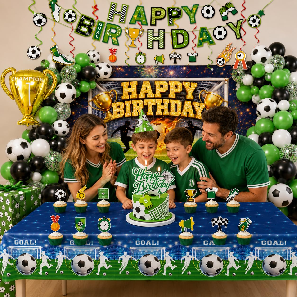 Soccer Birthday Party Decorations Set, Soccer Party Supplies with 6 x 4 ft Backdrop, 108 x 54 in Tablecloth, Green Black Balloon Garland Kit, Happy