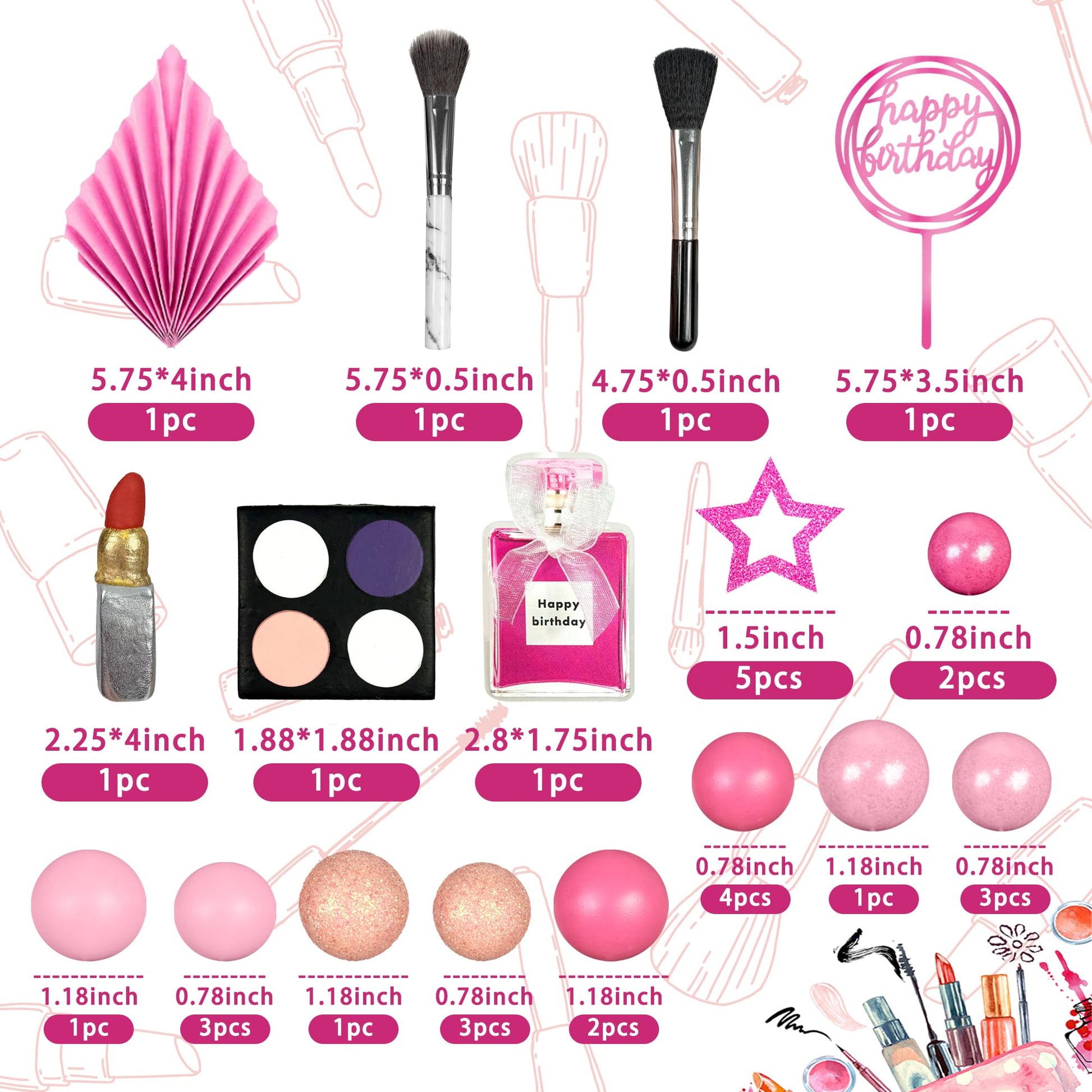 32 PCS Makeup Cake Topper Happy Birthday Cake Topper with Lipstick Eye Shadow Makeup Brush for Birthday (Hot pink)