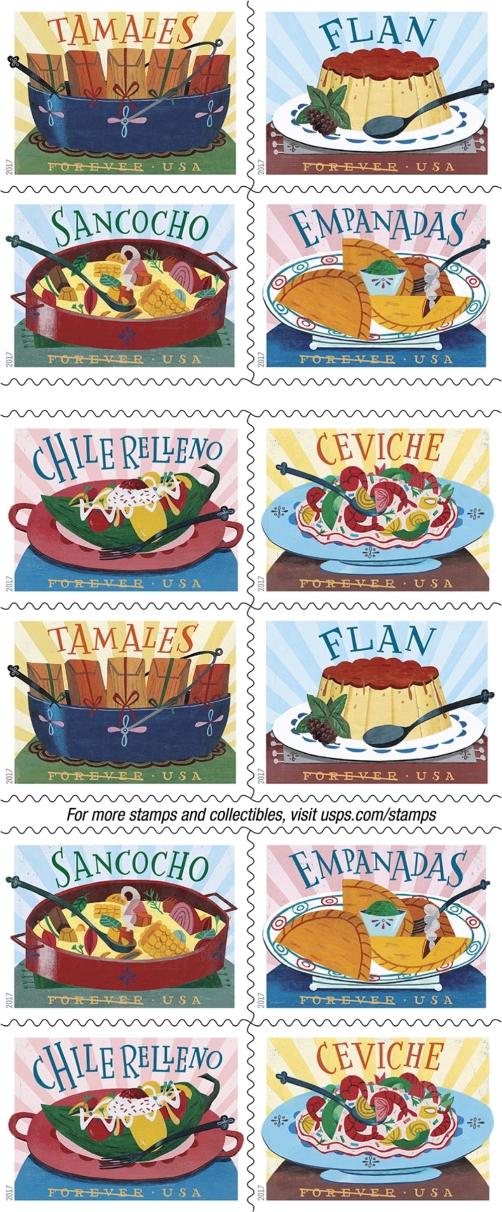 Delicioso Book of 20 USPS one-ounce rate Forever Postage Stamps Latin Food Traditional