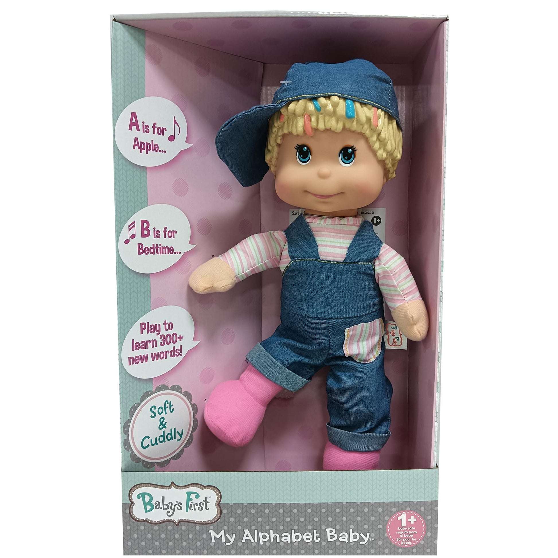 Goldberger Baby's First: My Alphabet Boy Doll - Blue Denim Overalls - Interactive Singing Musical Doll, Teaches ABC's & Fun Words, Soft Toy