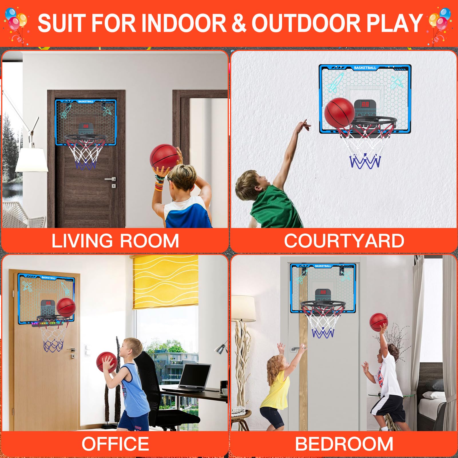 Awsoo Indoor Basketball Hoop for Kids, Mini Basketball Hoop with Electronic Scoreboard & LED Lights, Over The Door Basketball Hoop with 4 Balls, Slam