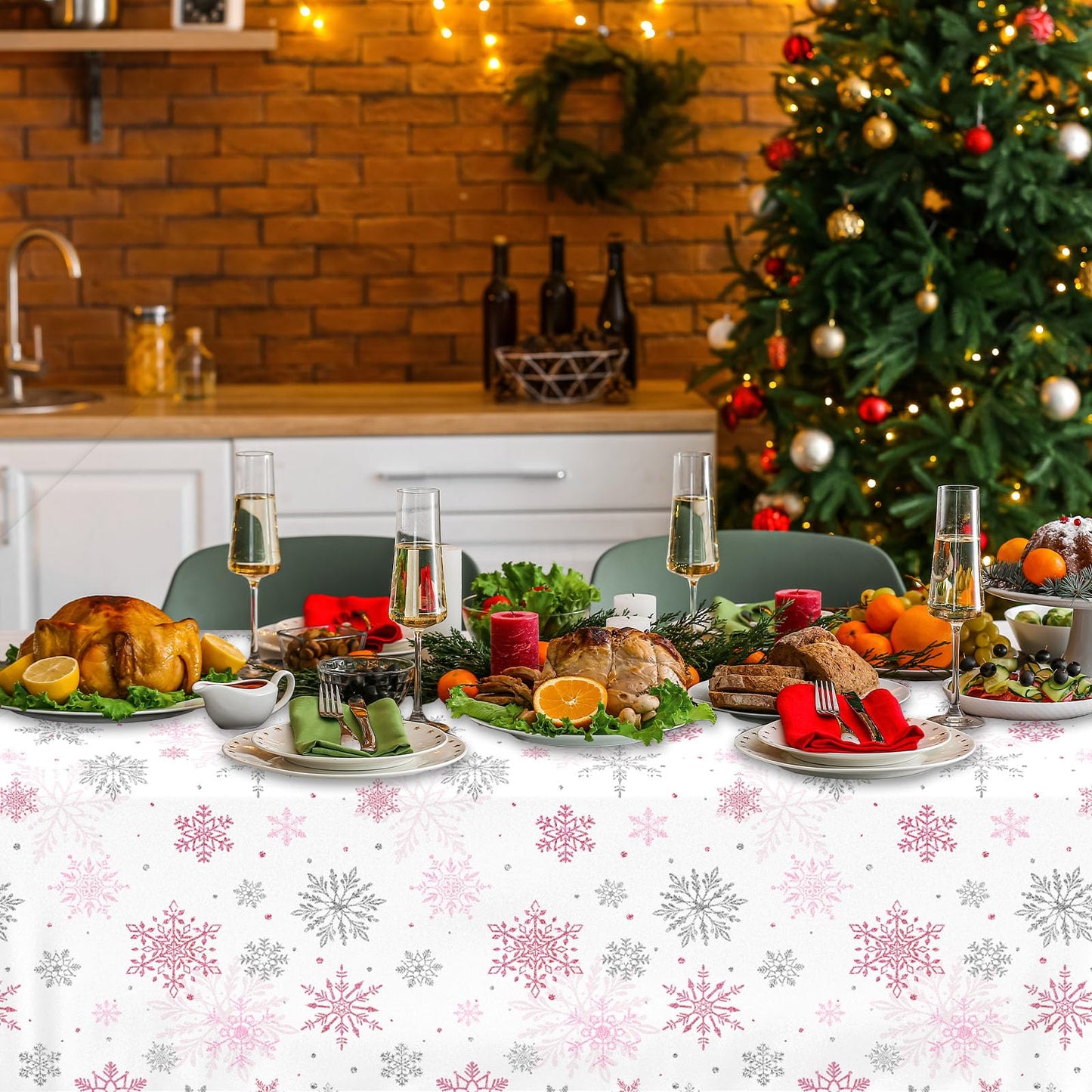 YTGUVBK Winter Snowflake Tablecloth 3pcs Pink Christmas Decorations Snowflake Plastic Table Cloth Winter Wonderland Disposable Table Cover