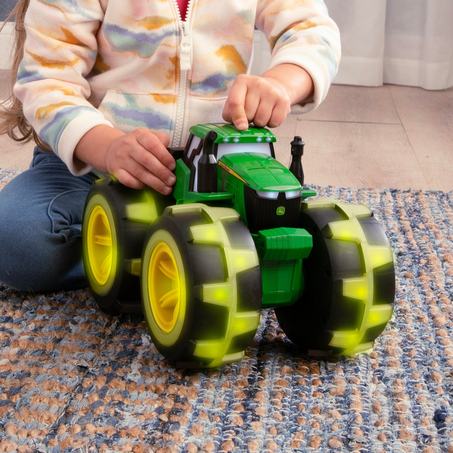 TOMY Monster Treads Lightning Wheels - Deluxe Rainbow Tractor - John Deere Tractor Toys - Light Up Monster Truck Toy with Rainbow Lights and Sounds