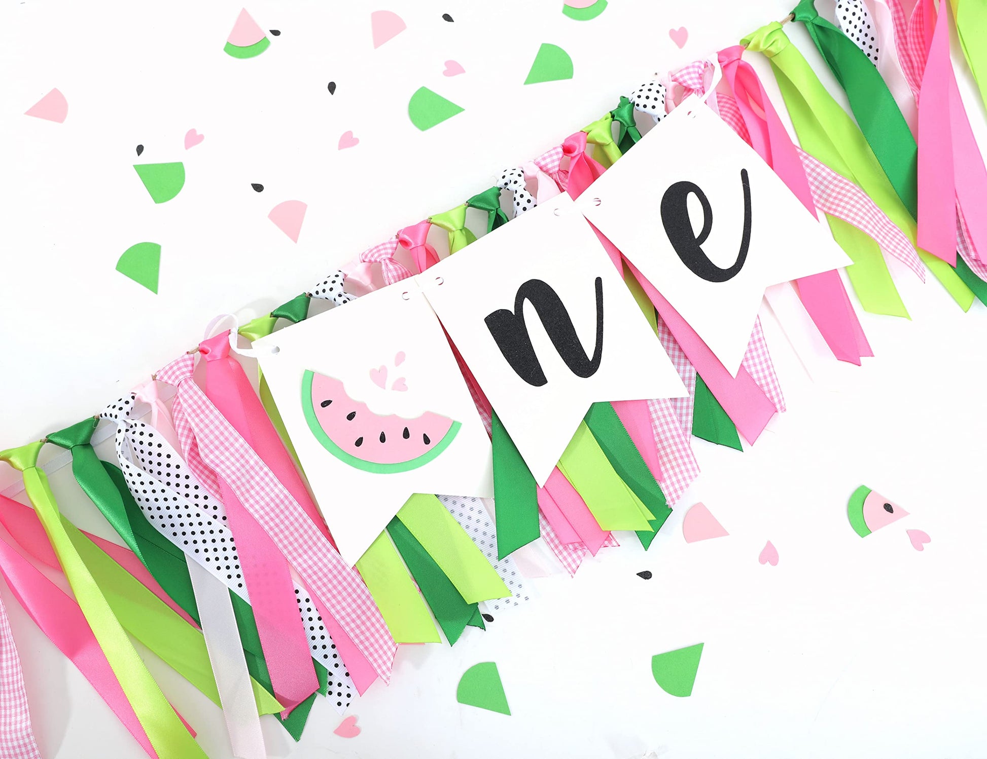LINLULU Watermelon Highchair Banner, 1st Birthday Decorations for Girl, Fruits Theme, Red, Handmade, Reusable, Photo Prop, 80*8.75 inches