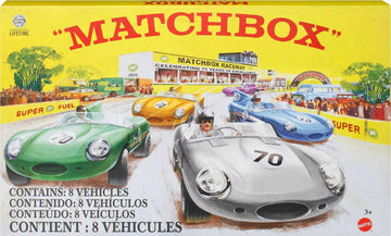 Matchbox Cars, Set of 8 Die-Cast Cars in 1:64 Scale with Premium Decos Including 1 Exclusive Vehicle, True Grip Tires, Platinum-Tone Finish,