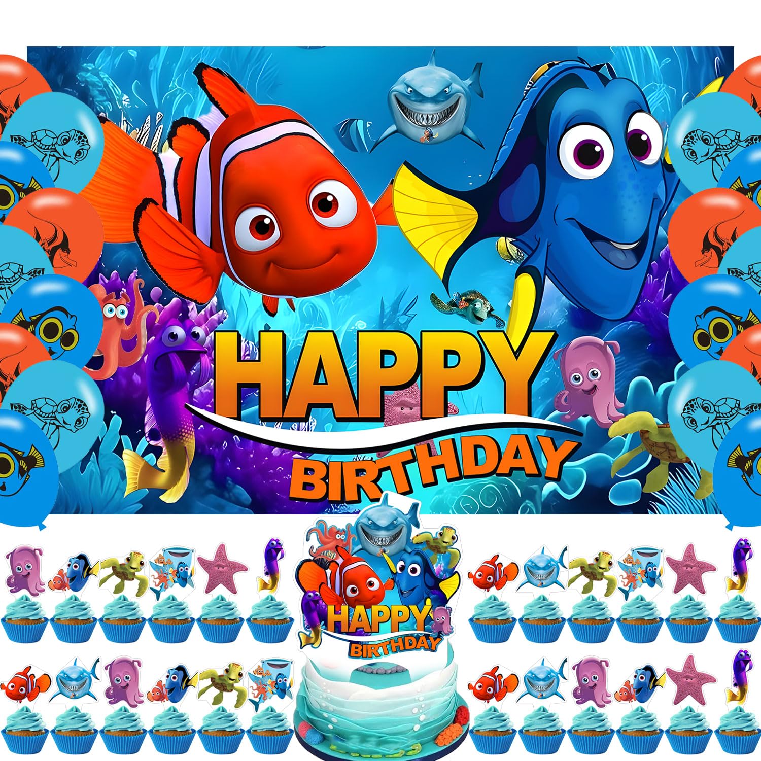 Finding Nemo Birthday Party Backdrop and Decoration Cartoon Ocean Cake Topper Banner Shoot Photo Background Props for Boy Band Boys and Girls - 5x3ft