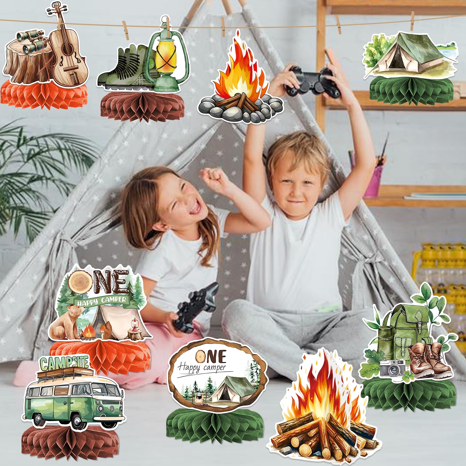 9 PCS Camping Honeycomb Centerpieces with Fake Campfire, Camping Table Decorations, Camping Decorations, Camping Themed Party Decorations, Camping