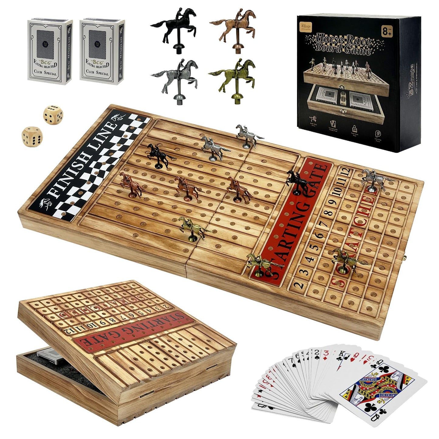 Large 23 inches Horse Racing Board Game with 11 Luxury Metal Horses, Foldable Wood Horse Race Board Game with 2 Sets of Dice, 2 Boxes of Cards