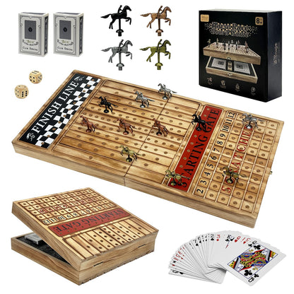Large 23 inches Horse Racing Board Game with 11 Luxury Metal Horses, Foldable Wood Horse Race Board Game with 2 Sets of Dice, 2 Boxes of Cards