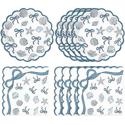 40Pcs Scalloped Coastal Party Supplies Include Summer Starfish Seashell Plates&Paper Napkins Disposable Blue Bow Ocean Theme Tableware Set