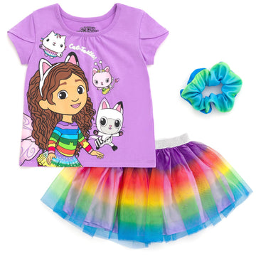 DREAMWORKS GABBY'S DOLLHOUSE Little Girls T-Shirt Tulle Mesh Skirt and Scrunchie 3 Piece Outfit Set Purple/Rainbow 7-8