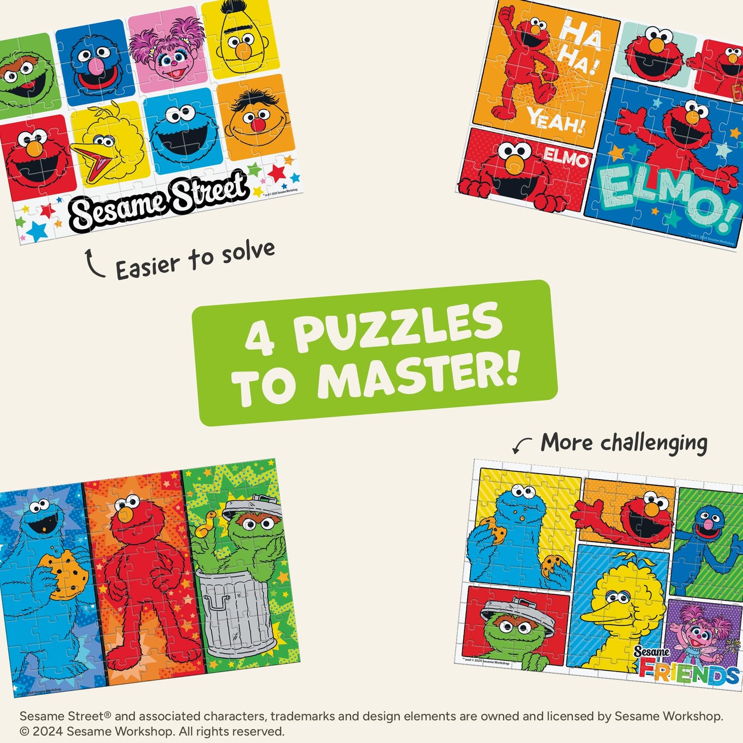 Buffalo Games - Sesame - 4 Pack Multi-Piece Puzzles for Kids Ages 3-6+