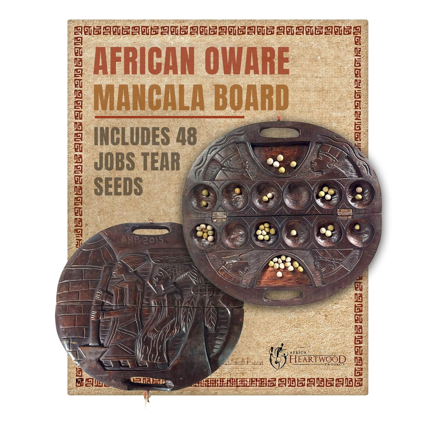 Africa Heartwood Project African Oware Mancala Board - Deluxe Circular Shape with Handle, Hand-Carved, Solid Wood with Detailed Designs, Wooden
