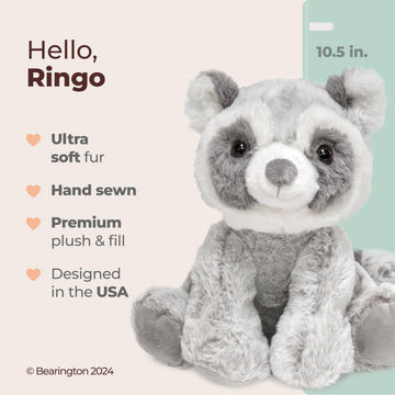 Bearington Ringo Stuffed Raccoon Plush Toy - 10.5" Raccoons Stuffed Animals with Soft Faux Fur, Weighted Inner Bean Bag and Poseable Floppy Body