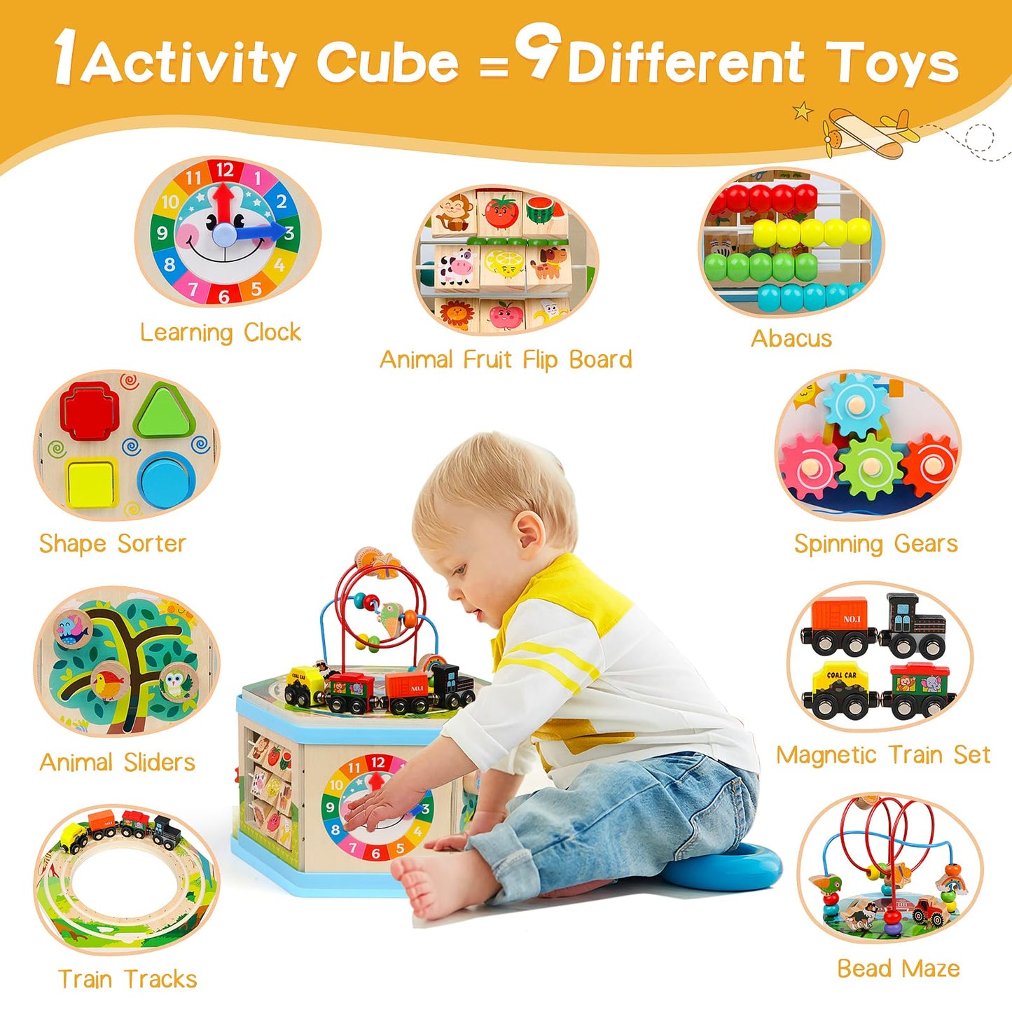 Wooden Activity Cube 9-in-1 Montessori Toys for 1+ Year Old Boys Girls Educational Learning Toys for Toddlers Age 1-2 One Year Old First Birthday Gift