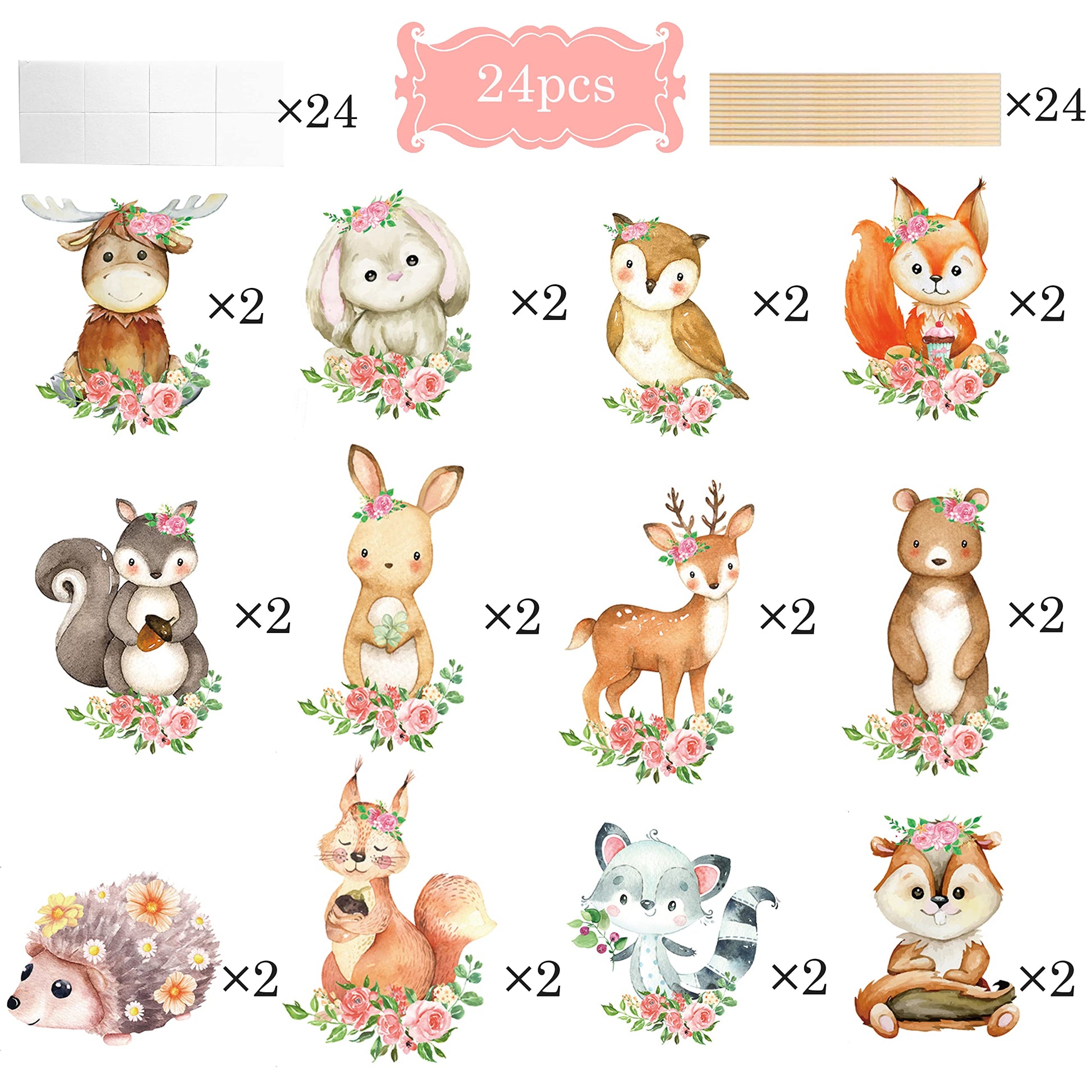 Woodland Party Centerpieces Decoration 24pcs Floral Woodland Animal Table Toppers for Woodland Baby Shower Centerpieces Decoration Forest Animal