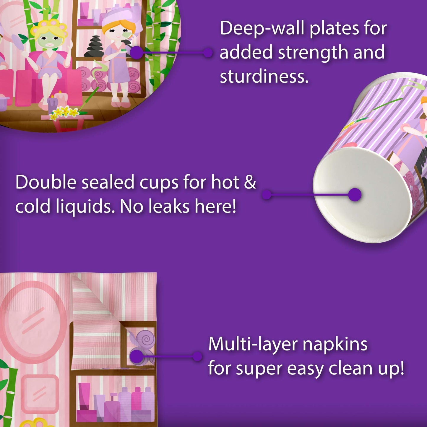 Girls Spa Party Supplies - Sleepover Kit for 16 | Tableware Set Includes Plates, Napkins and Cups