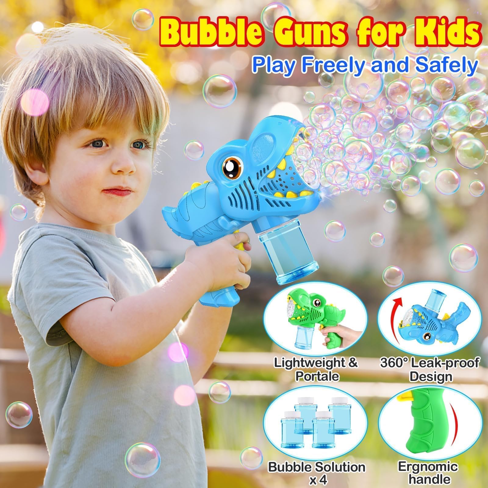Yunaking Kids Bubble Gun 2 Pack, Dino Bubble Machine for Toddlers Toys Gift