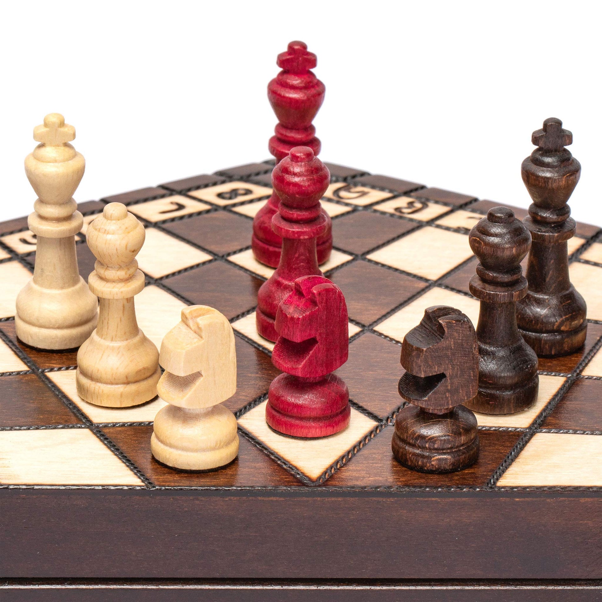 Husaria Wooden Three-Player Chess - 12 Inches - with Foldable Board, Handcrafted Playing Pieces, and Felt-Lined Storage