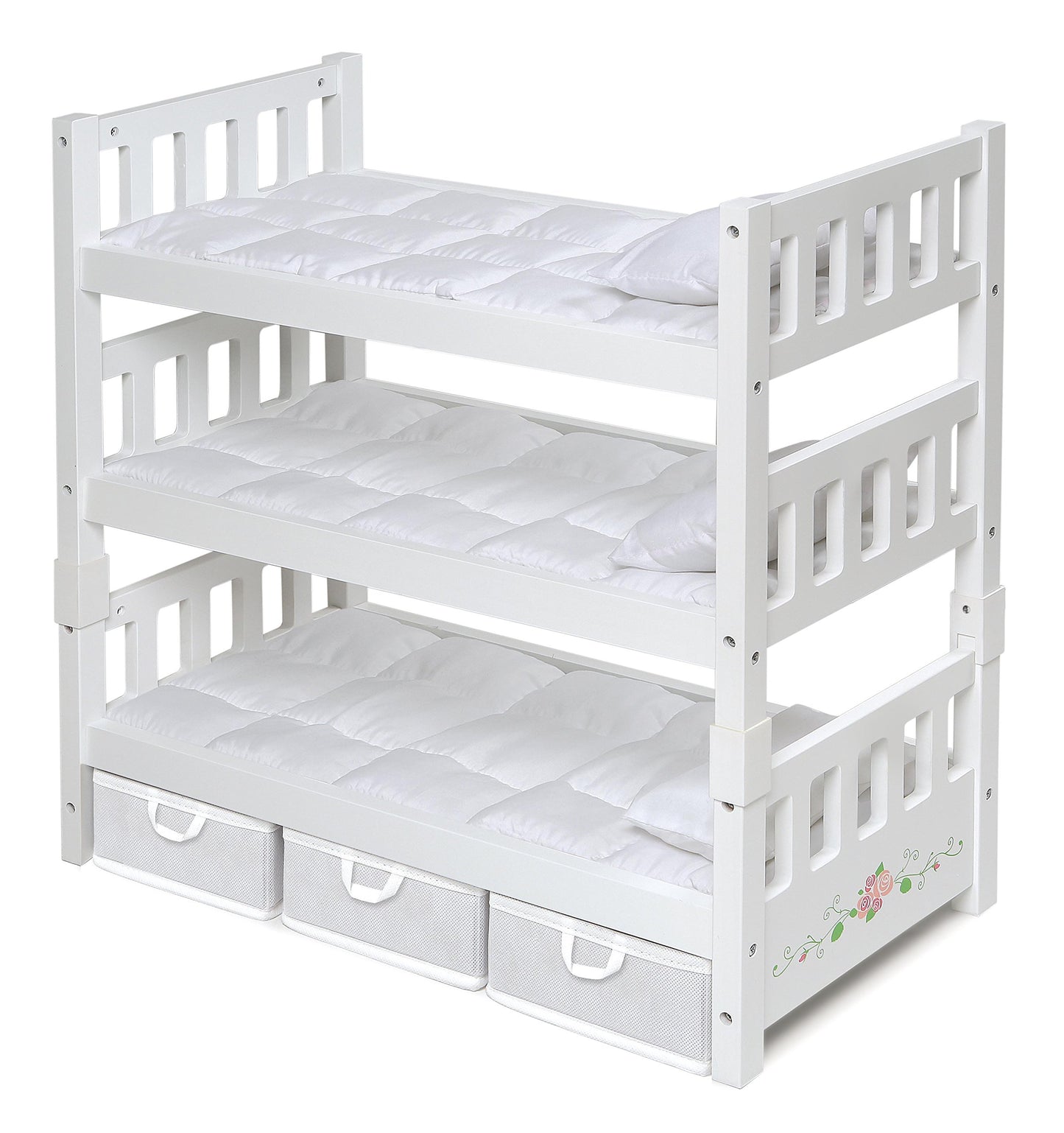 Badger Basket 1-2-3 Convertible Doll Bunk Bed with Bedding and Storage Baskets - Elegant White and Rose Design for 18 to 20-Inch Dolls