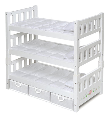Badger Basket 1-2-3 Convertible Doll Bunk Bed with Bedding and Storage Baskets - Elegant White and Rose Design for 18 to 20-Inch Dolls