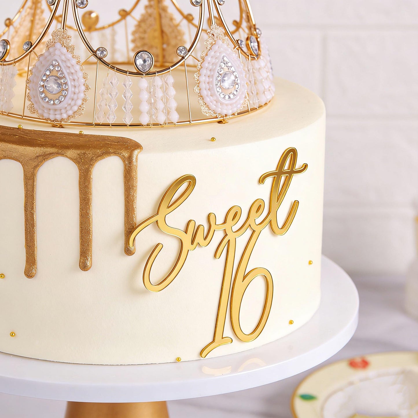 Sweet 16 Cake Topper,Gold Acrylic,Happy Sweet Sixteen Cake Decor,Sweet 16th Party Cake Decorations for Girl,Cheers to 16 Years,Numbers 16 Theme