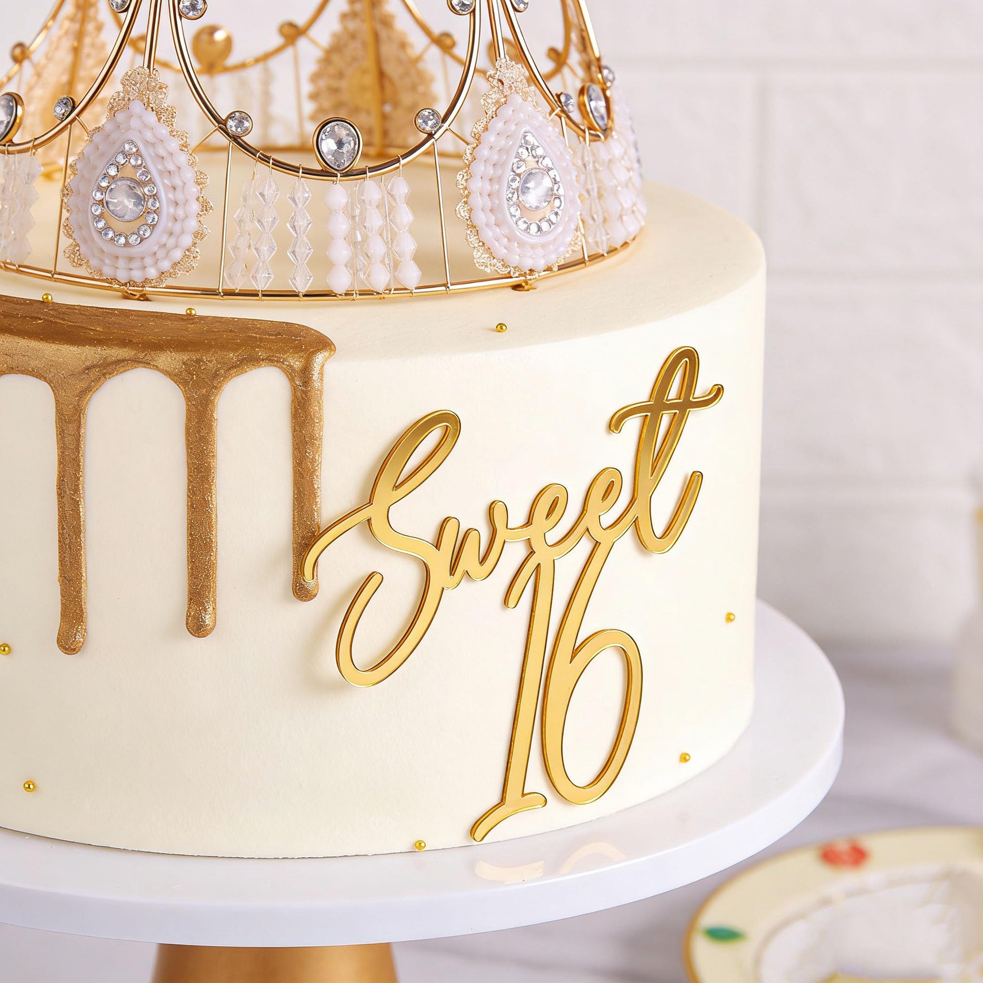Sweet 16 Cake Topper,Gold Acrylic,Happy Sweet Sixteen Cake Decor,Sweet 16th Party Cake Decorations for Girl,Cheers to 16 Years,Numbers 16 Theme