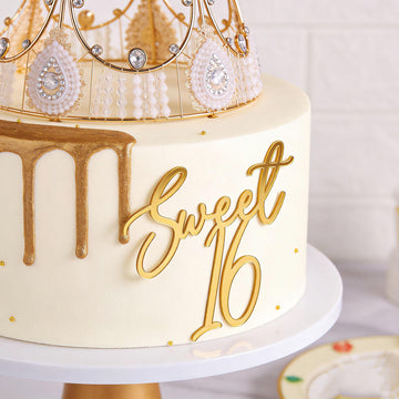 Sweet 16 Cake Topper,Gold Acrylic,Happy Sweet Sixteen Cake Decor,Sweet 16th Party Cake Decorations for Girl,Cheers to 16 Years,Numbers 16 Theme