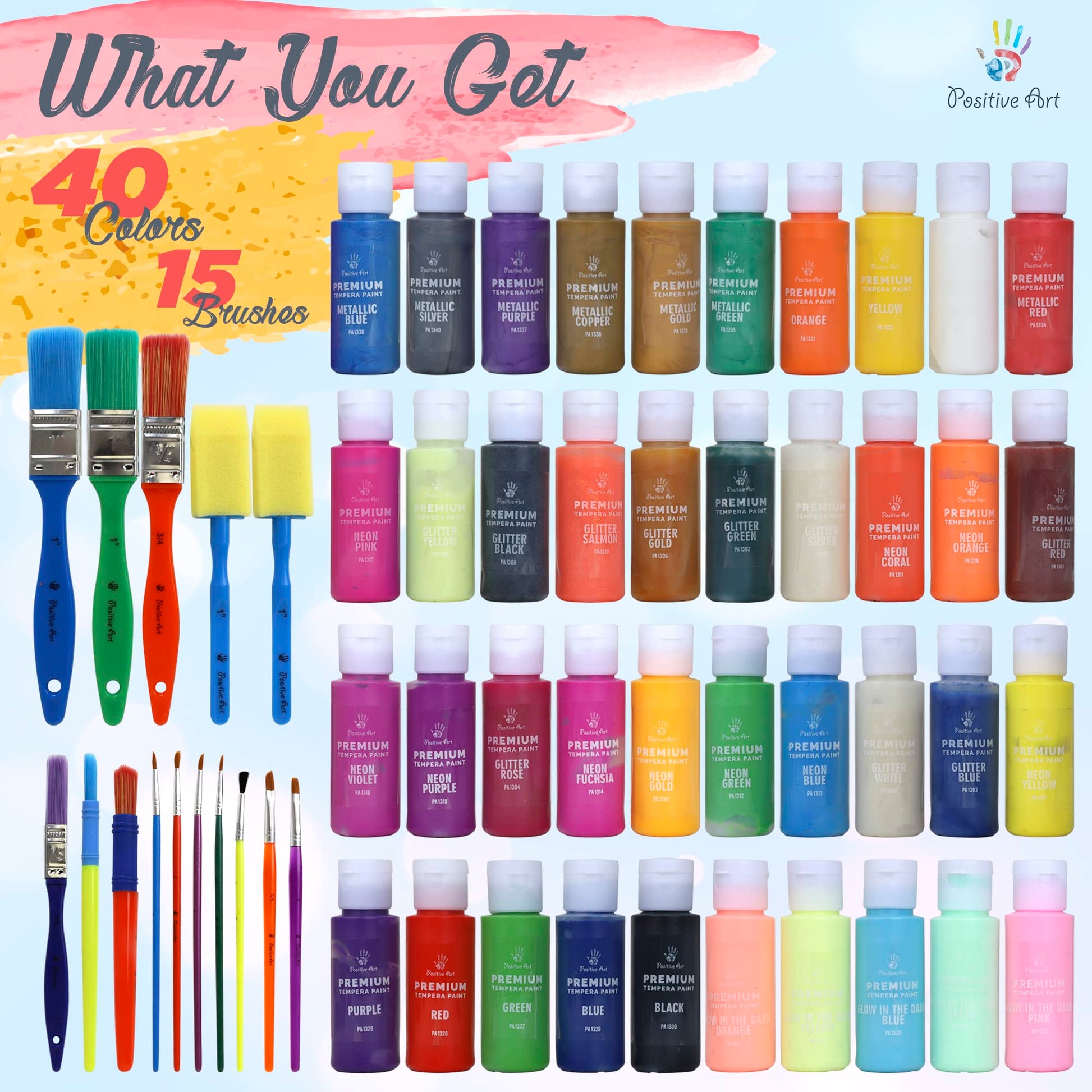 Kids Tempera Paint Set | Value Pack Includes 40 Washable Non-Toxic Colorful Paints (2oz bottles) & 15 Brushes | Metallic, Neon, Glow In The Dark