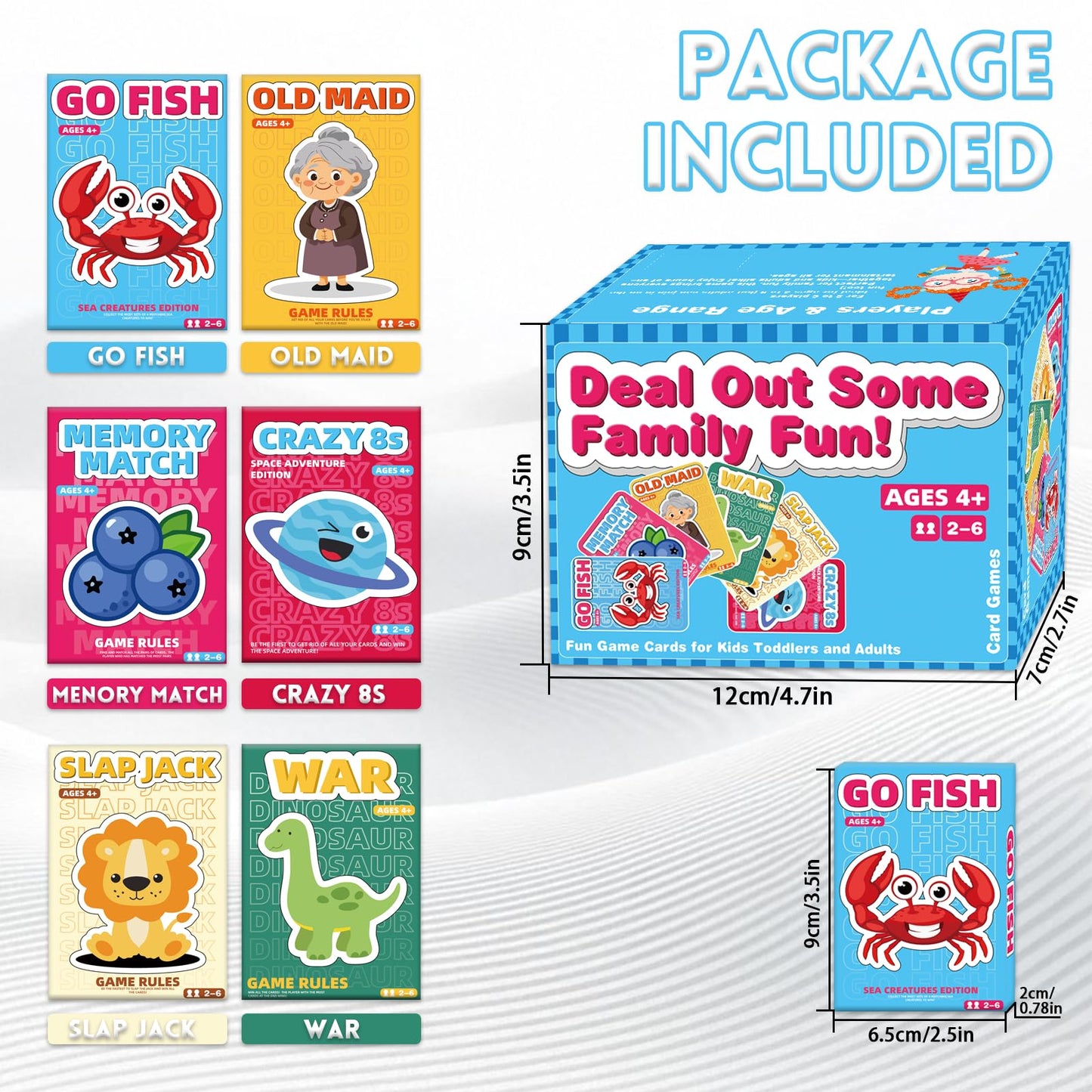 Floatlive Kids Card Games Pack, 6 Decks, Go Fish, Old Maid, Crazy Eights, Memory Match, Slap Jack, War, Playing Cards, Family Party Table Games
