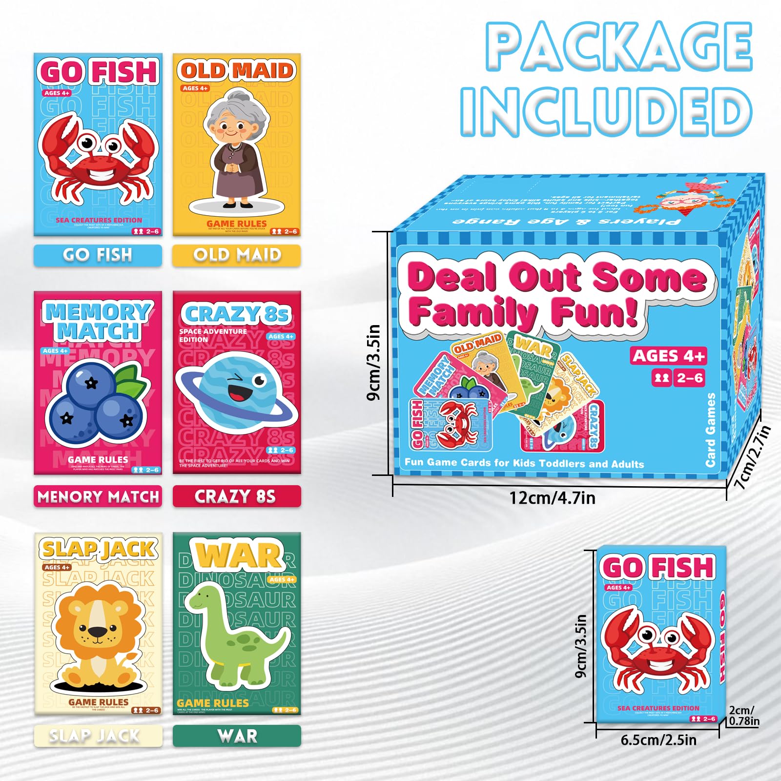 Floatlive Kids Card Games Pack, 6 Decks, Go Fish, Old Maid, Crazy Eights, Memory Match, Slap Jack, War, Playing Cards, Family Party Table Games