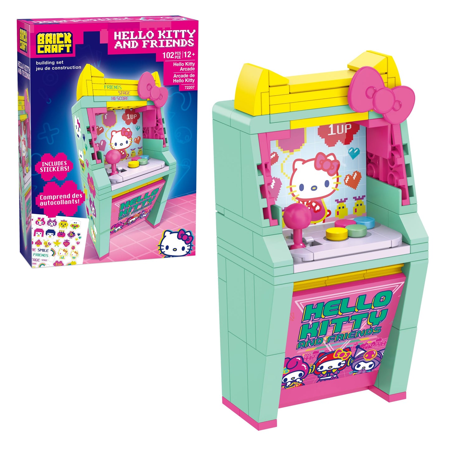 Brickcraft Hello Kitty and Friends Arcade Building Set, 102 PCS Toy Kit for Ages 12+, Retro Video Game Machine Model with Stickers, Cute Collectible