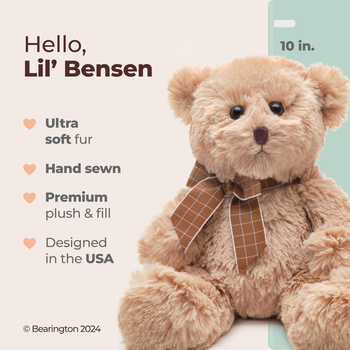 Bearington Lil' Bensen Stuffed Teddy Bear for Babies - 10" Soft Stuffed Bears Plush Toy with Classic Design - Adorable Cuddly Brown Bear Gift for Baby