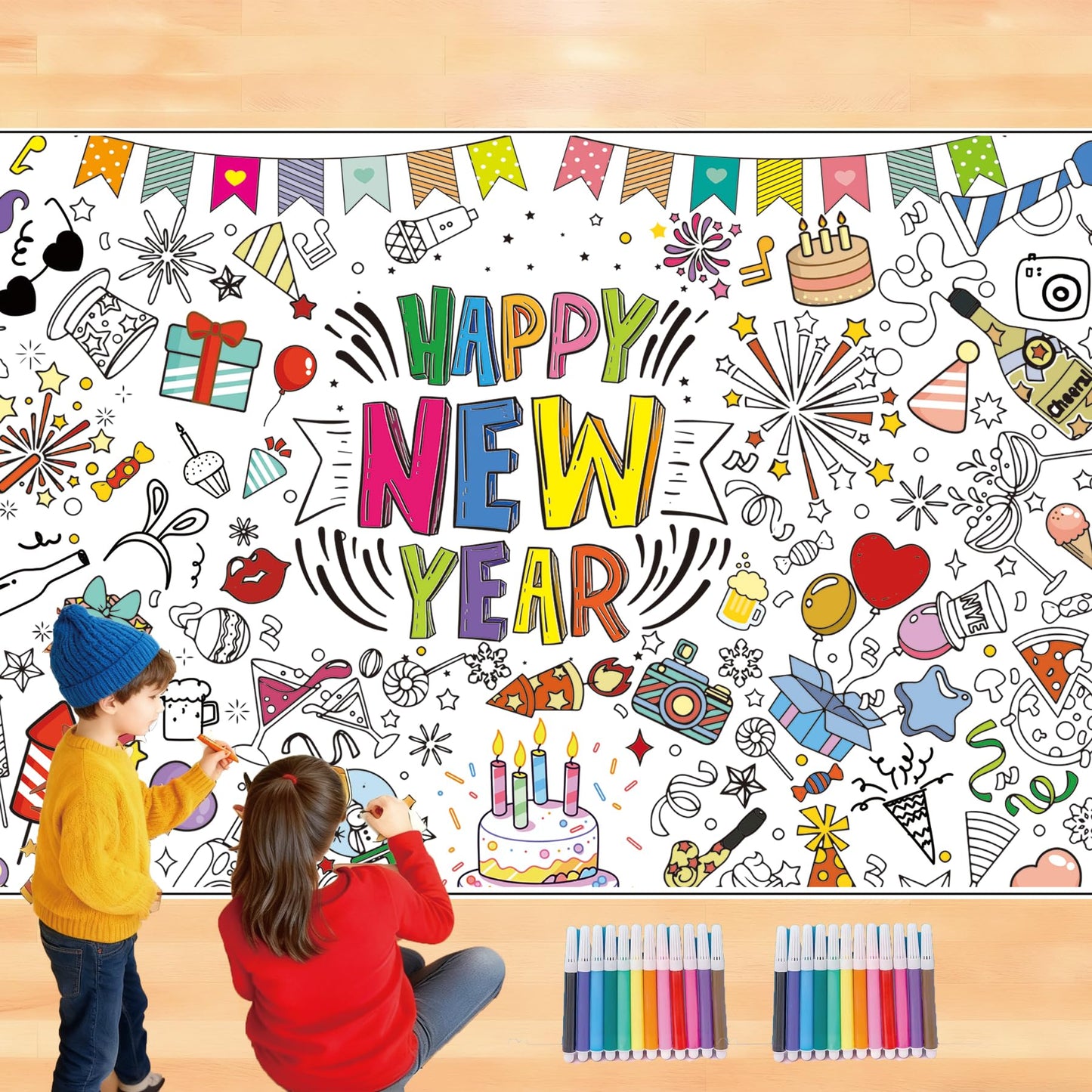 Ansoufien Happy New Year Giant Coloring Poster, 72 x 30 Inches Large Paper Tablecloth with 24 Paint Pens (12 Colors), DIY Party Activity Art Craft