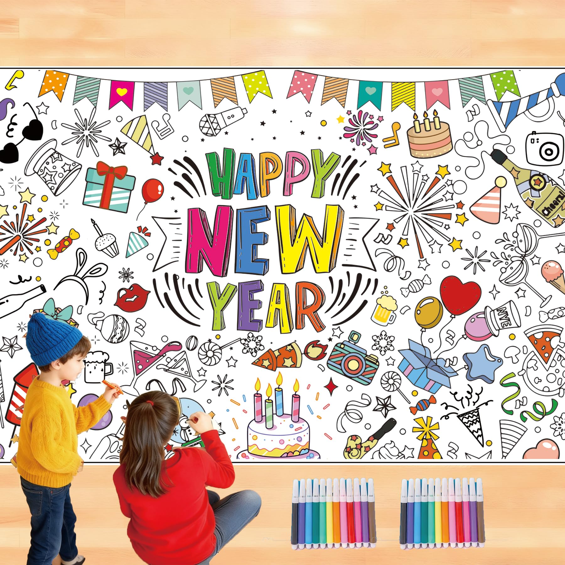 Ansoufien Happy New Year Giant Coloring Poster, 72 x 30 Inches Large Paper Tablecloth with 24 Paint Pens (12 Colors), DIY Party Activity Art Craft