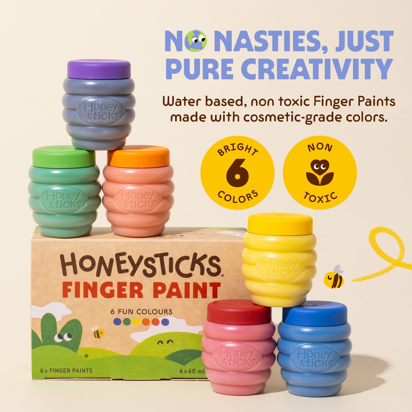 Honeysticks Non Toxic Finger Paint (6 Bright Colors), Washable from Skin, Safe Finger Painting for Toddlers, Kids Ages 1-3, 2-4, 3-5, Perfect First