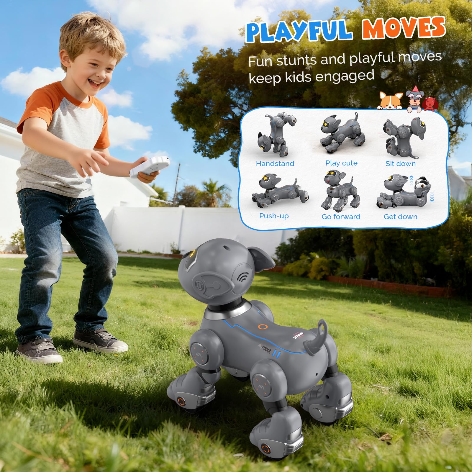 PRANITE Robot Dog, Programmable Remote Control Dog Toy for Kids with One-Key Following, Voice Control, Touch, Dance, Sing, Smart RC Stunt Puppy Toy