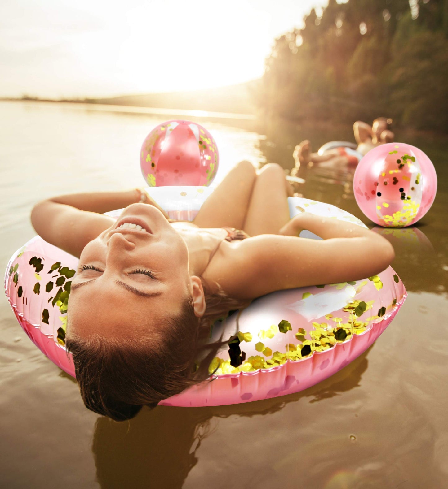Mozlly Rose Gold Inflatable Beach Balls and Pool Float Tube Bundle - Premium Swim Ring Pool Float and Glitter Beach Ball Set, Fun Pool Floats