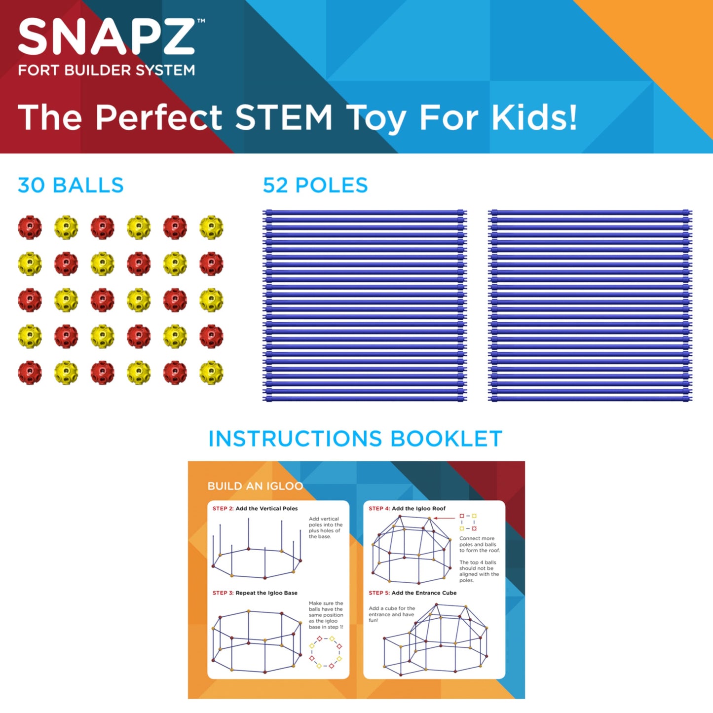SNAPZ Ultimate Fort Builder Kit for Kids 8-12 - Sturdy Fort Building Kit for Kids 4-8 - Make & Build Ball & Stick Fort Set - Indoor STEM Tent Fort