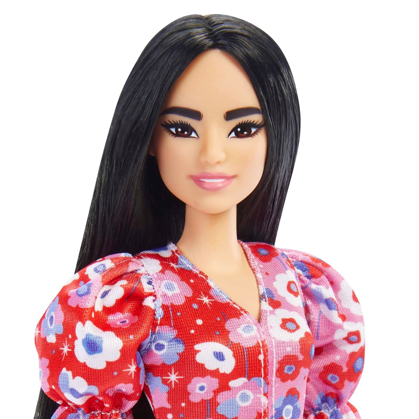 Barbie Fashionistas Doll #177 with Long Black Hair & Color Block Floral Dress & Accessories Including Strappy Purple Heels & Butterfly Ring