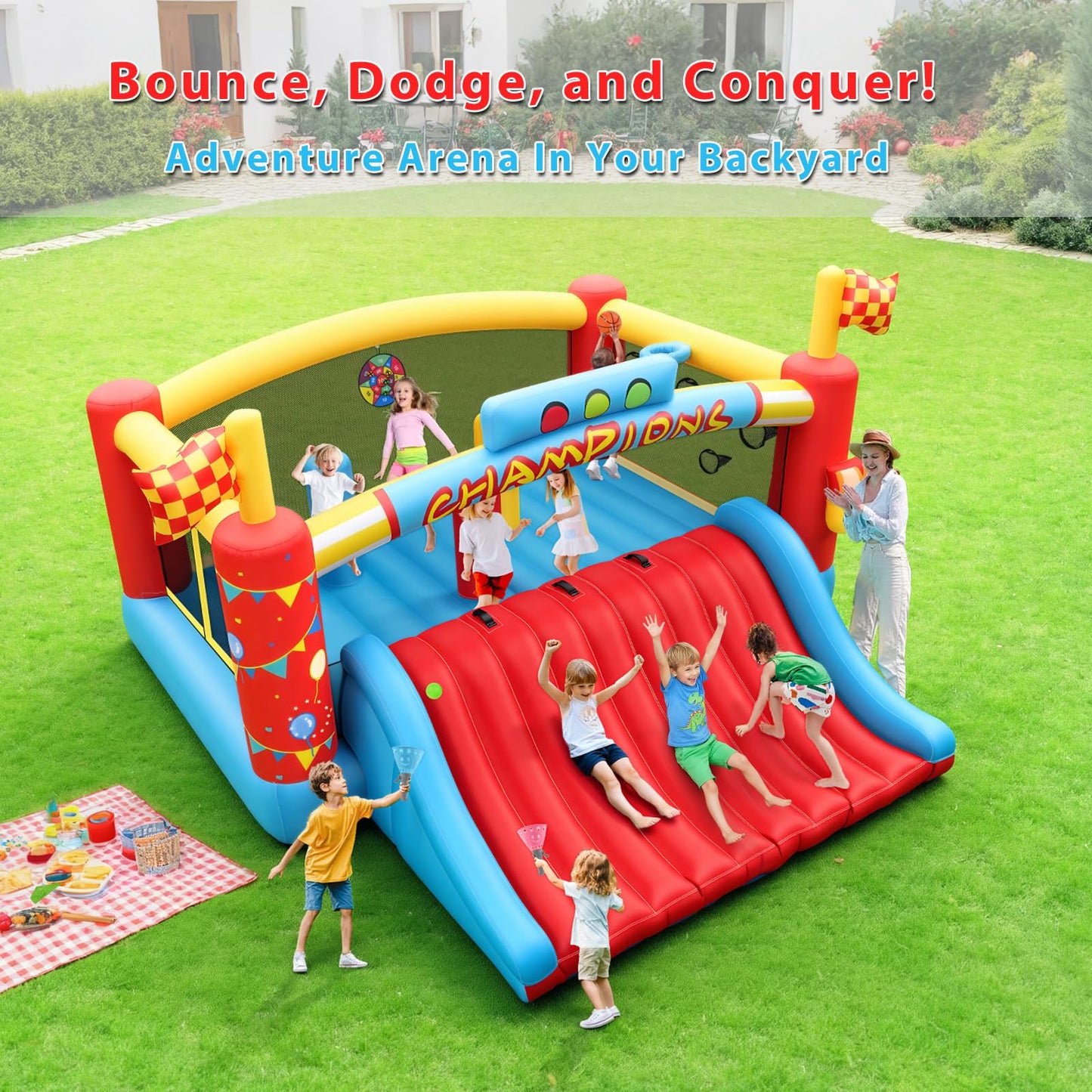 Inflatable Bounce House for Big Kids, 13.4x13 FT Large Bouncy Castle Upgraded Extra-Wide Slide, Blow Up Jumping Bouncer with Obstacle Poles & Target