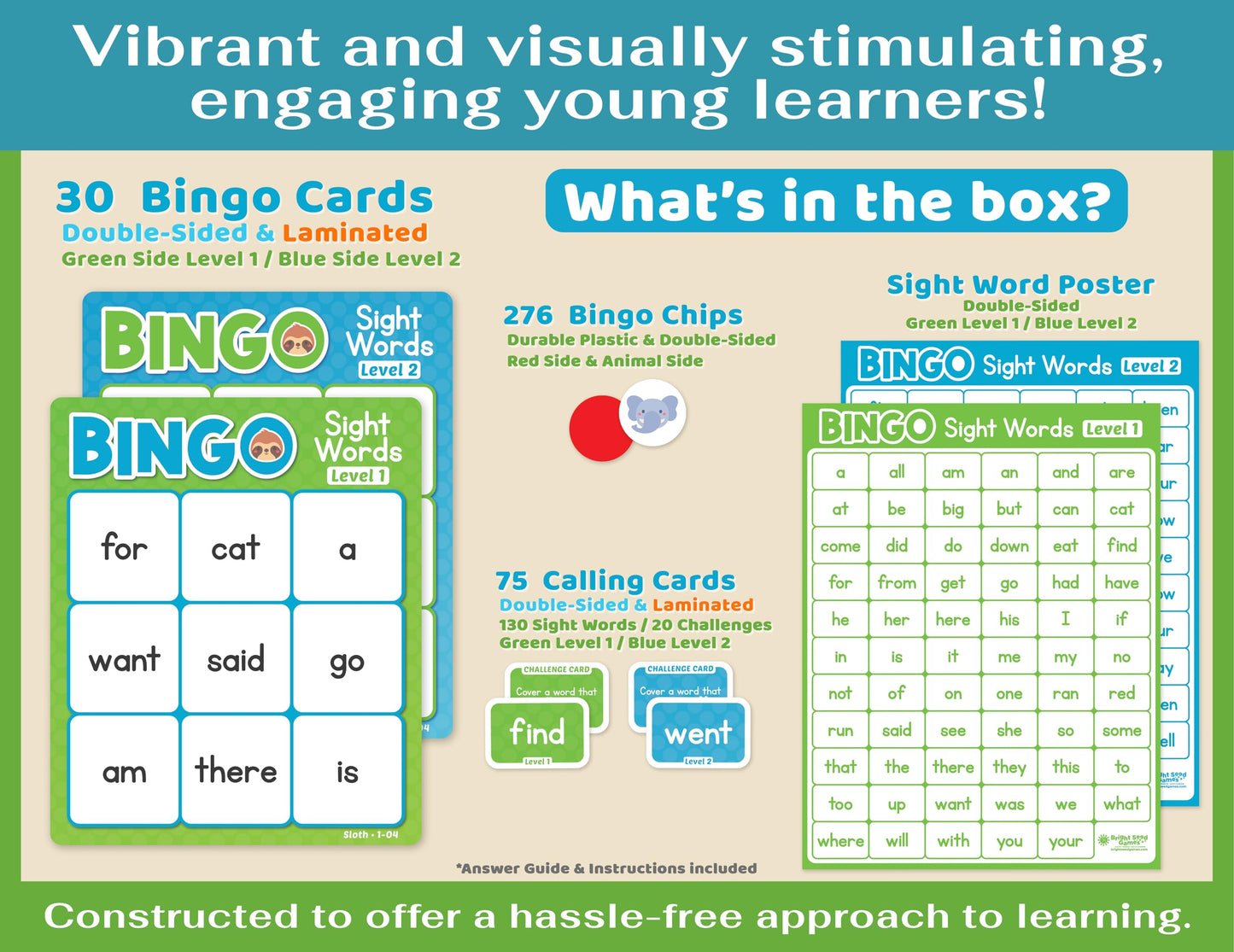 Bright Seed Sight Words Bingo Game, Learn to Read - Level 1 & 2