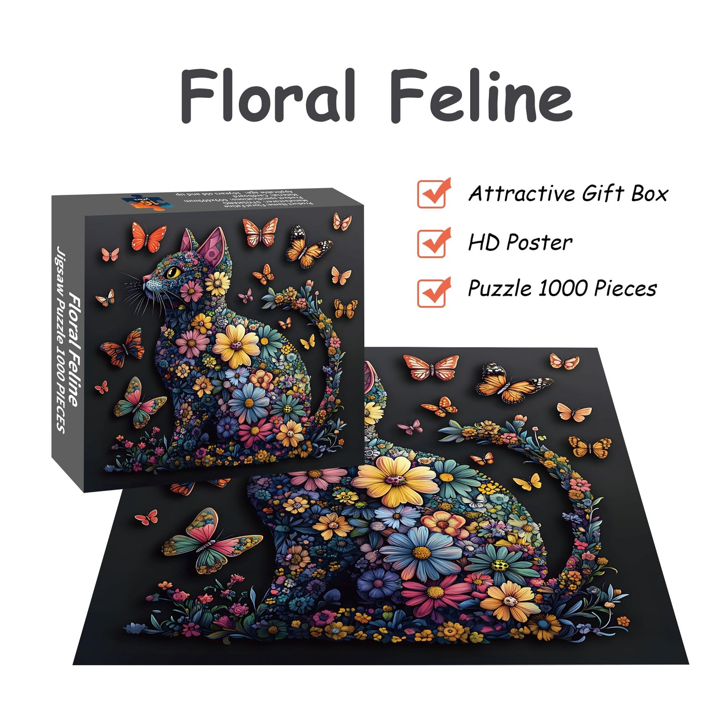 Cat 1000 Piece Puzzle for Adults, Butterfly Jigsaw Puzzles, Black Cat Flower Puzzle for Home Decor, Finished Size 23.98 * 23.98", with 1:1 Poster